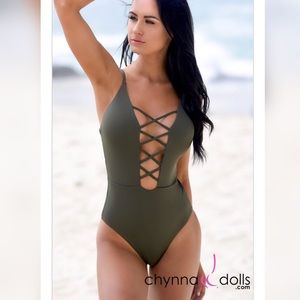 NWT. Monokini w/Cage Front Detail in Olive Green